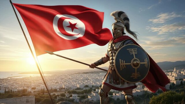 Valiant ancient warrior in armor with spear and shield stands proudly before a waving Tunisian flag overlooking a historic Mediterranean city at sunset.