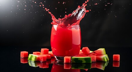 Dynamic splash of fresh red watermelon juice in a glass surrounded by fruit pieces on a dark reflective surface.