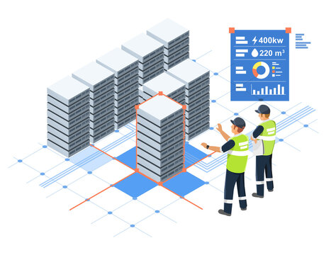Engineers design and manage modern data center server racks with digital dashboard showing power usage and cooling performance in advanced network infrastructure