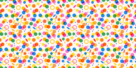 Colorful confetti pattern with circles, stars, and rings. Pattern of cheerful multi colored dots and confetti with transparent effect. Risograph pattern
