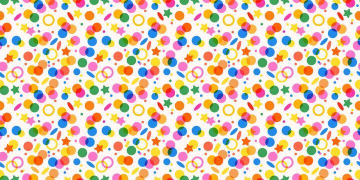 Colorful confetti pattern with circles, stars, and rings. Pattern of cheerful multi colored dots and confetti with transparent effect. Risograph pattern