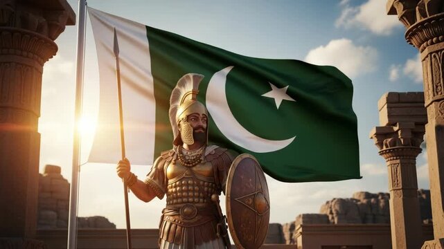 Ancient warrior in armor holding spear and shield stands proudly before a waving Pakistani flag at sunset amidst historical ruins