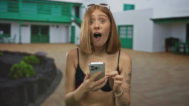 Woman smiling while using smartphone outdoors in historic town street with stone courtyard featuring green accents and summer vibes captured on digital device.