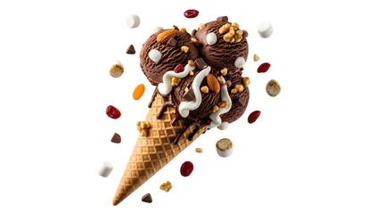 Obraz premium Rocky road ice cream cone with toppings isolated on transparent background