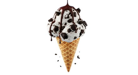 Delicious cookies and cream ice cream cone isolated on transparent background