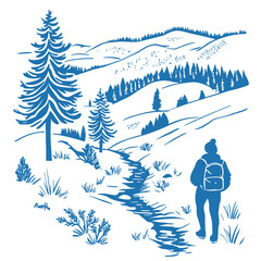 flat outline line art vector illustration of winter hikes with breathtaking views