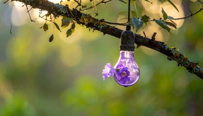 Purple light bulb with flowers hangs from tree branch