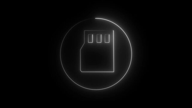 Neon glowing cyan color sd card icon on black background animation. 4k video Sim Card neon sign appear icon center. Animated neon icon. sim card icon representing mobile network ..