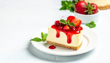 A creamy slice of strawberry cheesecake served on a white plate, topped with fresh red strawberries, mint leaves, and a glossy berry sauce.