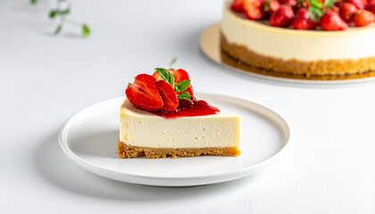 A creamy slice of strawberry cheesecake served on a white plate, topped with fresh red strawberries, mint leaves, and a glossy berry sauce.