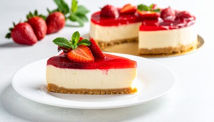 A creamy slice of strawberry cheesecake served on a white plate, topped with fresh red strawberries, mint leaves, and a glossy berry sauce.