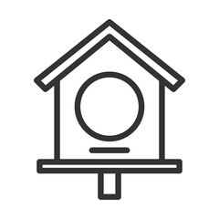 Simple birdhouse outline with a circular opening and a small perch below on a short post