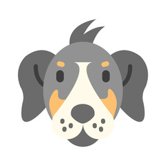 Stylized dog face gray head floppy ears cream snout with dark gray nose and spots and two tufts of hair on top
