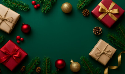 Top view of christmas presents wrapped in twine with red ornaments and pine accents on a green holiday background for seasonal greetings and new year festive decoration
