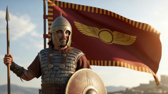 Ancient warrior in scale armor holding a spear and shield, standing proudly with a red flag featuring a golden winged emblem in a historical setting.