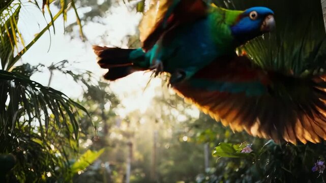 Colorful Parrot Soaring Through the Lush Rainforest Canopy