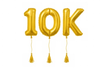 Gold 10k foil balloons celebrating ten thousand followers or subscribers, achieving social media milestones, transparent background