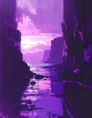Purple, stylized cityscape overlooking a body of water