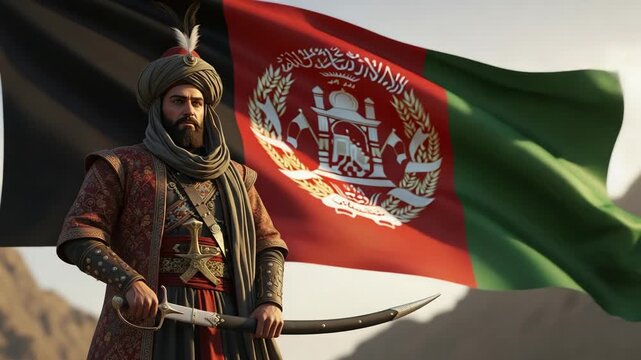 Proud Afghan Warrior in Traditional Attire Holding a Scimitar Against the Waving National Flag