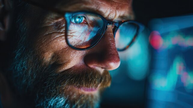 mature concentrated business man trader wearing eyeglasses working looking at laptop computer screen reflecting in glasses analyzing online trading market financial digital data graph close up view n - Powered by Adobe