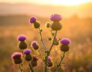 Purple thistle flowers bathed in golden sunset light