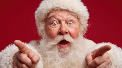 funny happy excited old bearded santa claus face wearing costume looking at camera showing pointing fingers aside advertising christmas promotion new year xmas discount ad isolated on red background 