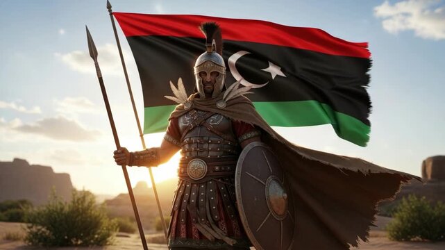 Ancient warrior in full classical armor, holding a spear and shield, standing heroically in a sunlit desert landscape with the Libyan flag waving behind him.