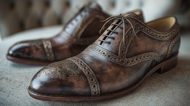 Exquisite craftsmanship showcases ornate brown leather shoes, featuring decorative perforations and vintage charm.