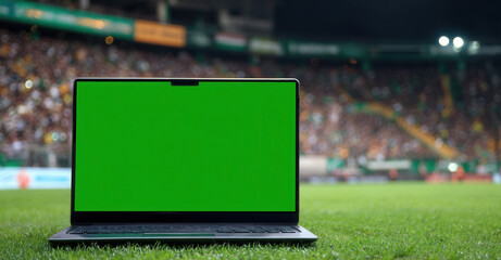 Laptop's green screen gleams on Stadium grass with a cheering crowd blurred behind it, copy space provided