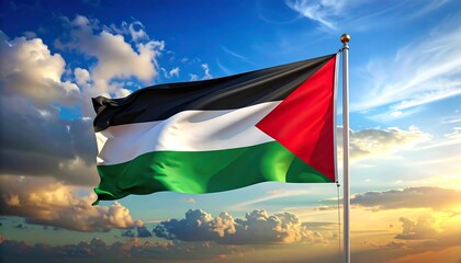 Palestinian flag waving in a vibrant sunset sky