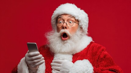 surprised funny amazed old bearded santa claus wearing costume holding cell phone using mobile app on smartphone shocked by christmas promotion xmas applications ads isolated on red background no log