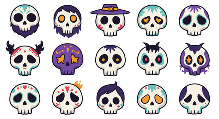 A vibrant collection of illustrated sugar skulls, featuring diverse character expressions and festive decorations. This icon set embodies cultural celebration and creative design