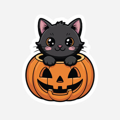 Kawaii black cat inside a jack-o’-lantern, vector sticker design, white background