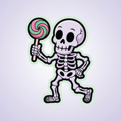 Playful skeleton holding lollipop, cute vector
sticker, Halloween theme