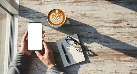 A top-down view of hands holding a smartphone with a blank screen on a wooden desk with coffee, a perfect mockup for work, study, or blog content