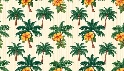 Palm trees and flowers repeat pattern on light beige background
