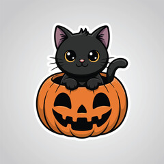 Kawaii black cat inside a jack-o&rsquo;-lantern, vector sticker design, white background