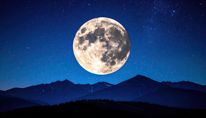 Fototapeta premium Vast Starry Night Sky Over Jagged Mountains Illuminated by a Large Detailed Full Moon