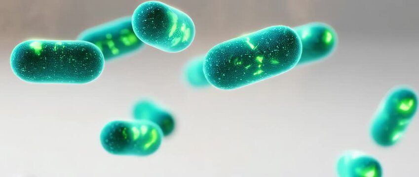 3D animation of a probiotic supplement capsule opening in slow motion, releasing active, glowing bacteria. Concept of digestive health and supplements.