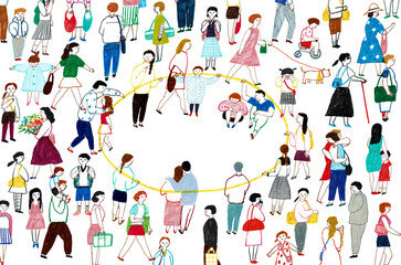 描きイラスト　輪になってつながる人物とたくさんの人々 © K.M.S.P.