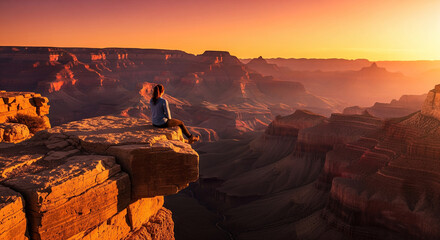 A lone person sits on the edge of a cliff at the Grand Canyon during a magnificent sunset, capturing a moment of awe, solitude, and vast natural beauty