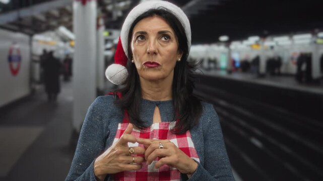 Hispanic woman wearing a santa hat fidgets with her fingers on a railway station platform; impatience.