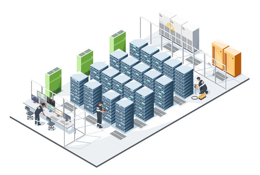 Technicians monitoring and maintaining high performance server infrastructure inside a secure data center facility with modern air cooling systems clean designed