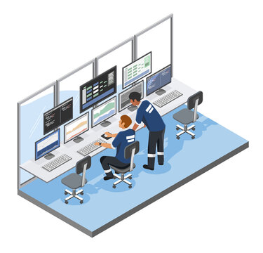 isometric data center control room engineering team monitoring real-time server performance and system analytics in a high-tech 