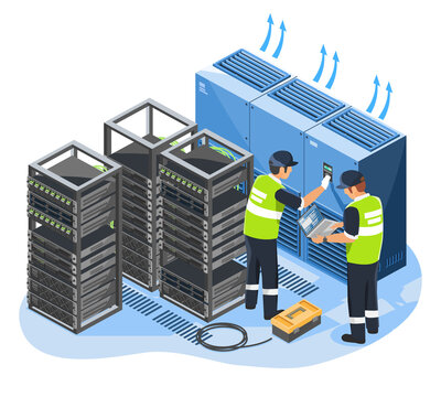 conditioner temperature cooling control system hvac air in data center server room engineers installation isometric isolated industrial concept illustration blue