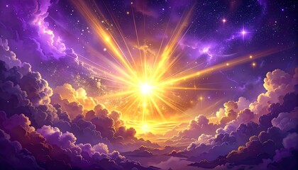 Radiant sunrise through cosmic clouds