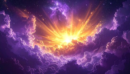 Radiant sun bursts through vibrant clouds