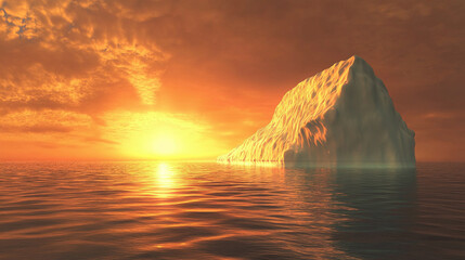 A majestic iceberg floating in the calm, blue waters of the Arctic, with a dramatic sunset in the background, casting golden light on the icy surface.
