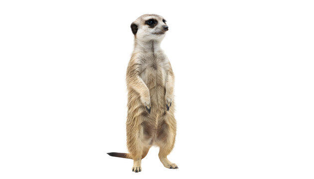 Alert meerkat stands upright, displaying its characteristic sentinel pose and curious nature. Isolated on a pristine white background, perfect for animal-themed designs and educational uses