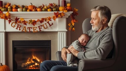 Happy senior grandfather holding his sleeping newborn grandchild in a cozy home with autumn decorations and a warm fireplace, expressing gratitude